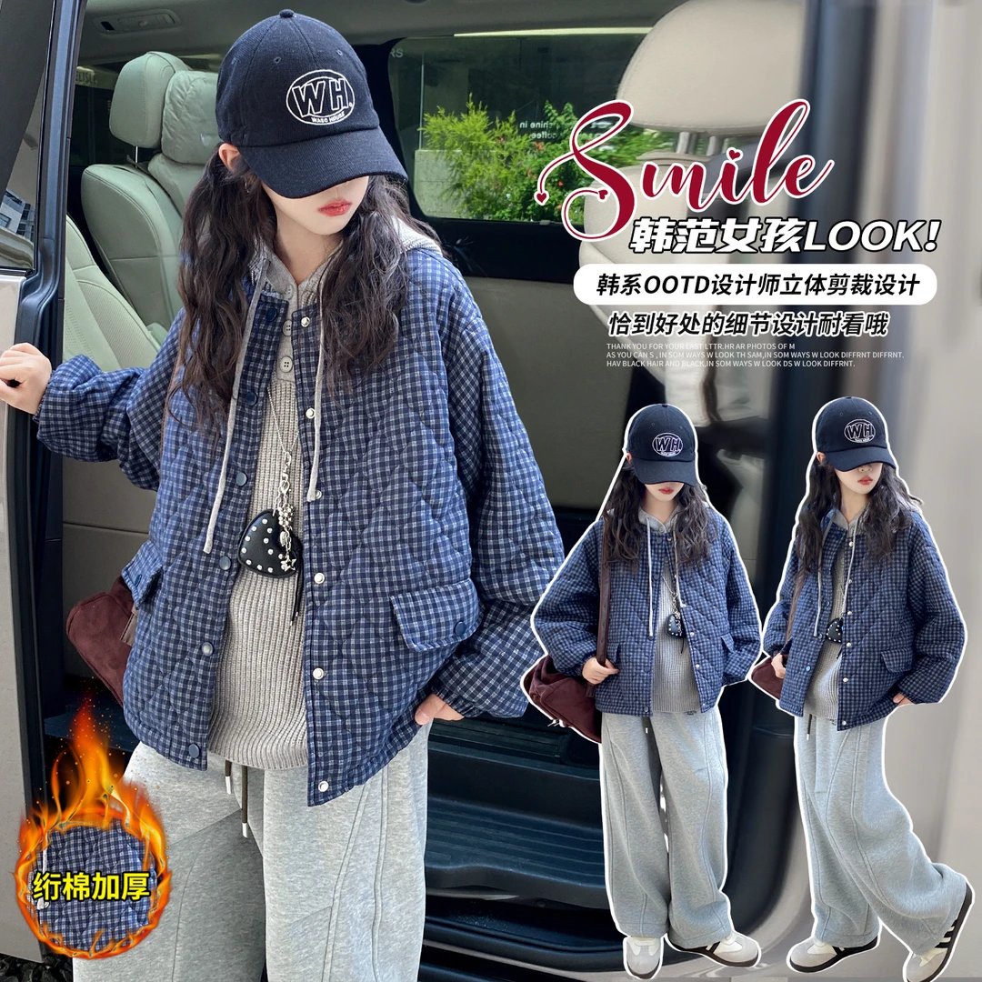 女童套装儿童外套裤子秋冬季2025新款大童格子上衣女孩加厚衣服潮