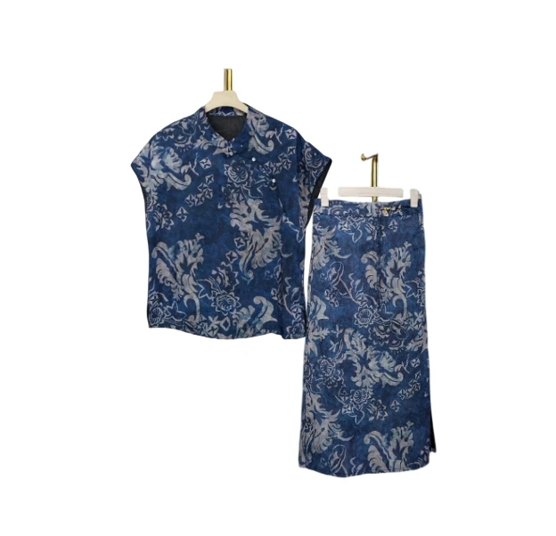 青花瓷新中式短袖薄款立领夏季T恤小衫民族风半身裙两件套