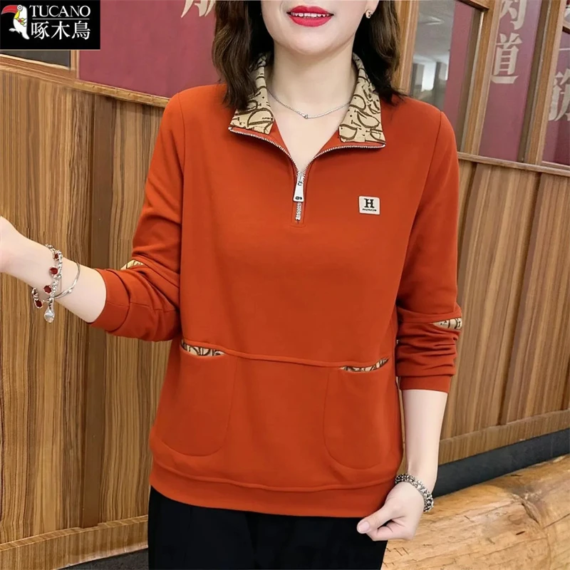 啄木鸟春秋长袖半拉链翻领T恤2025年新款拼接撞色大码显瘦上衣女