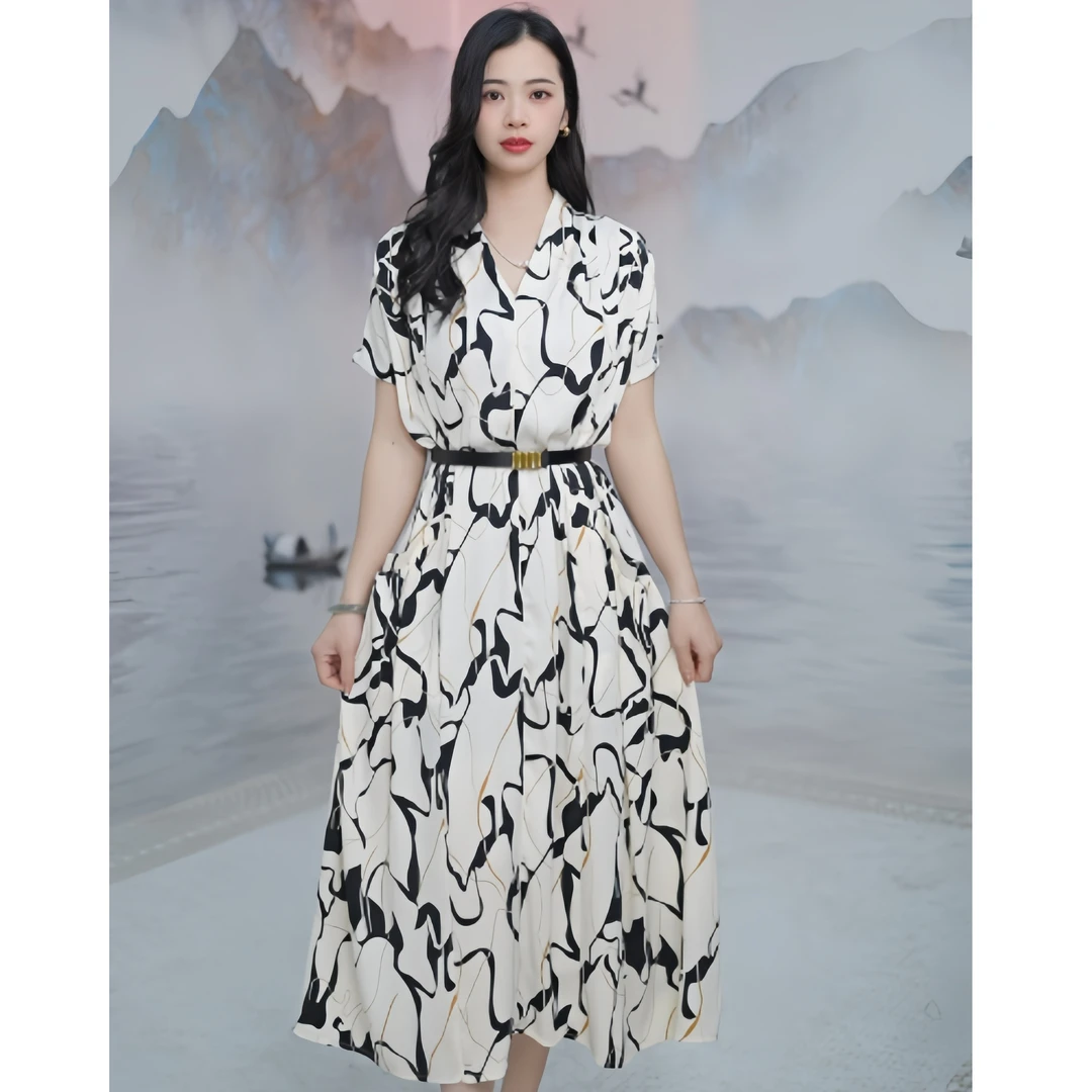 2595  时尚氛围感艺术印花气质优雅新中式女装连衣裙