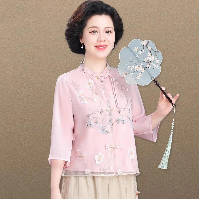 新中式国风妈妈夏装2025新款套装洋气中老年夏季雪纺上衣女两件套