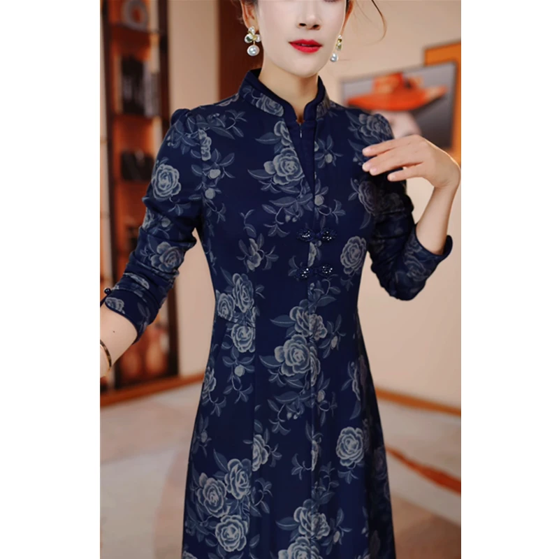 蓝色收腰显瘦遮肉气质连衣裙HR5003洋气秋装时尚妈妈装