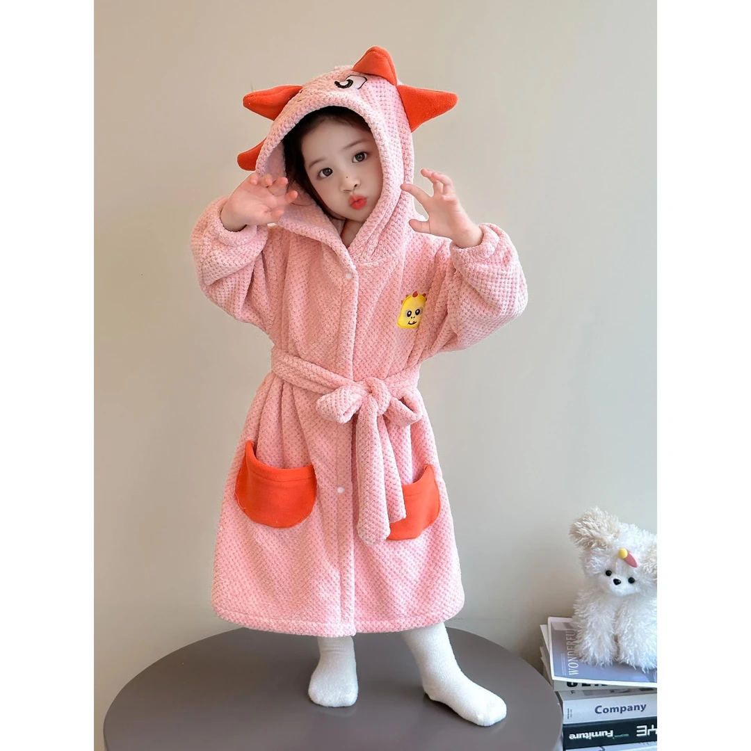 女童珊瑚绒睡袍秋冬款加厚女孩宝宝可穿式吸水浴袍儿童法兰绒睡衣