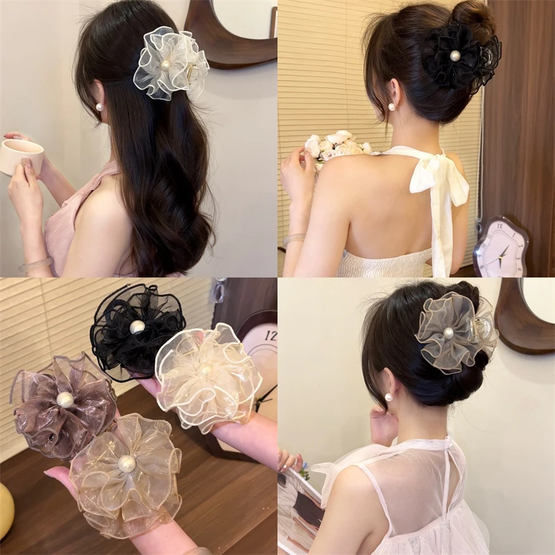 甜美网纱花苞中号抓夹女气质欧根纱半扎发夹盘发鲨鱼夹马尾夹