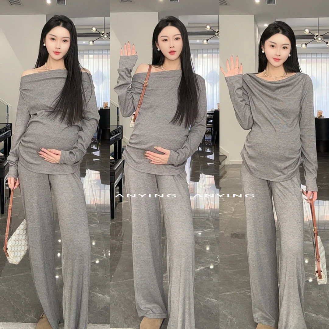 北岛之恋   夏款孕妇高级感长袖针织上衣 可调节长裤显瘦套装女