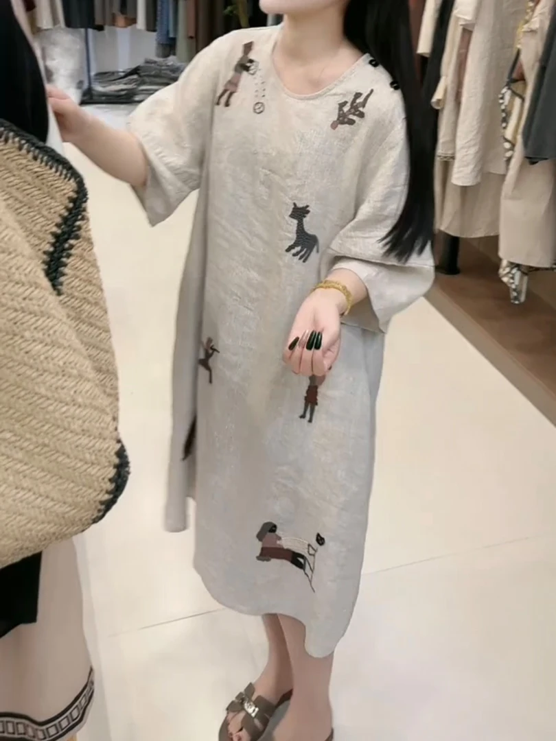 夏季新款时尚透气棉麻连衣裙中袖遮肉显瘦圆领图案洋气中长款女裙