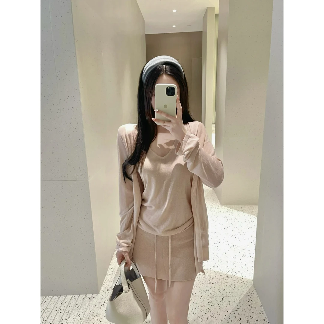 三件套粉色针织V领淡人氧气套组天丝亚麻开衫冰沙套时尚纯欲女装