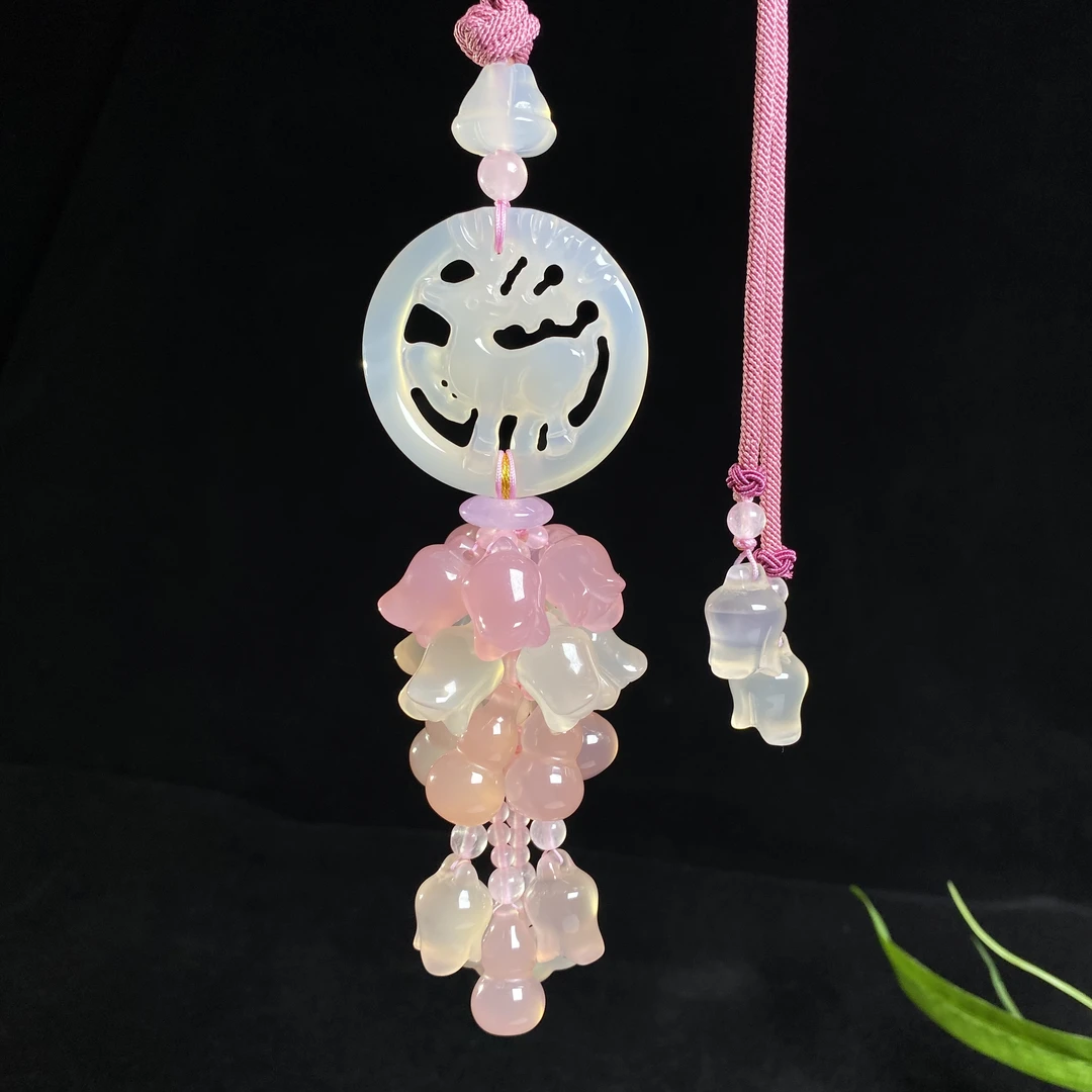 一鹿平安粉色风铃花葫芦车挂女士天然玉石玛瑙