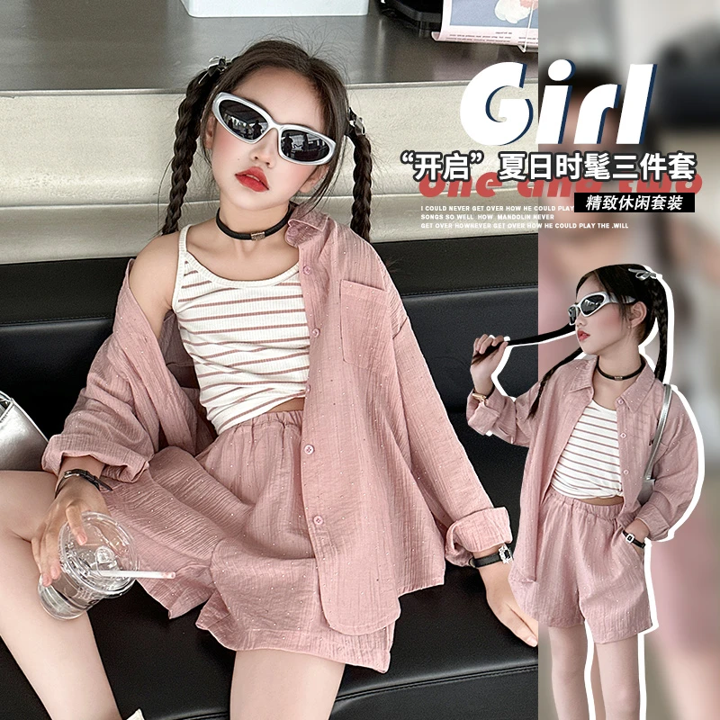 女童夏装套装亮钻防晒衣三件套夏季薄款洋气时尚长袖宽松防紫外线