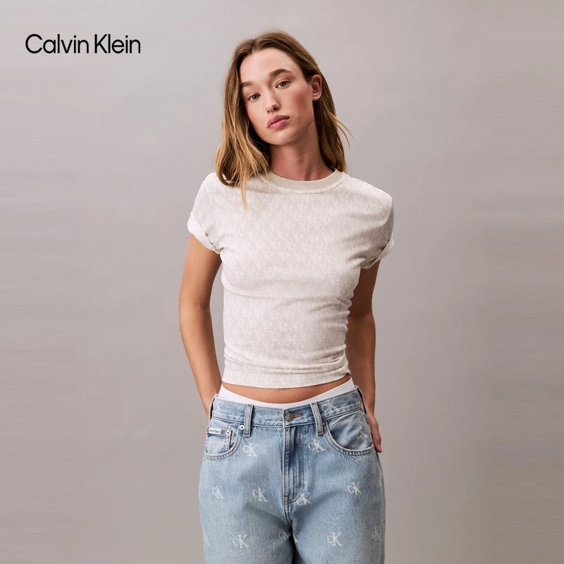 CK Jeans25早秋新款女士休闲通勤字母满印纯棉短袖上衣T恤