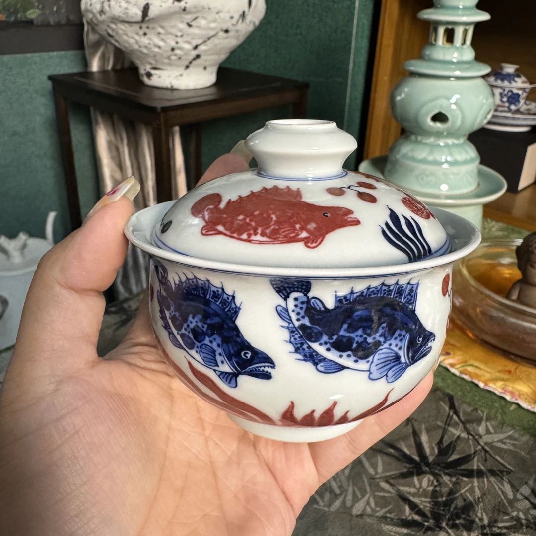 景德镇手工手绘青花釉红鱼藻大布袋(超七天售后不退换)