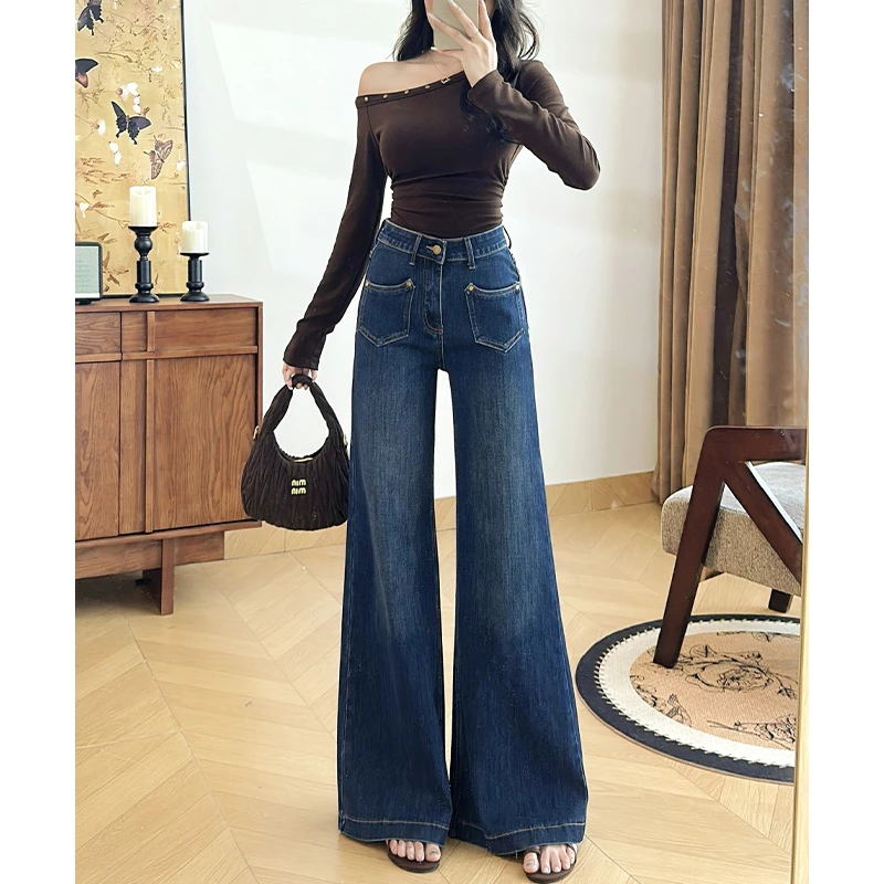 乔栈复古蓝阔腿微喇牛仔裤女2025年秋季新款高腰不贴腿显瘦拖地裤