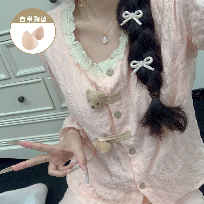 甜美风小熊纽扣长袖睡衣女款春秋冬季爆款少女学生休闲家居服套装