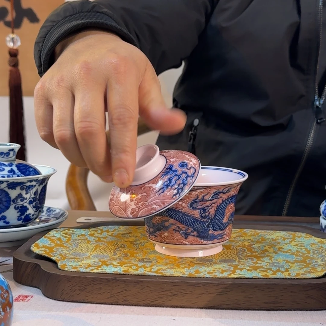 其他陶青花龙纹海浪盖碗