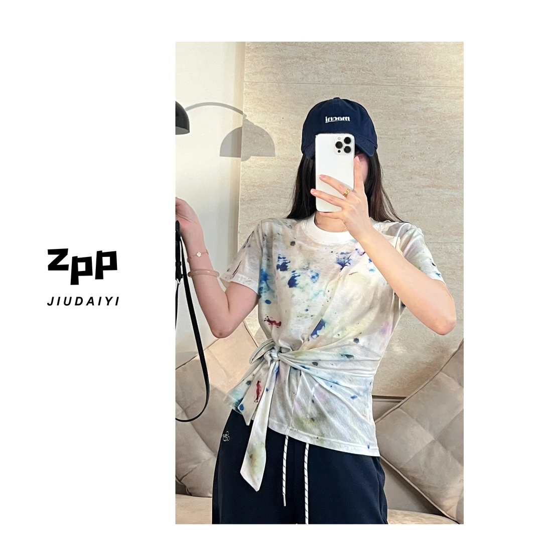 玖黛衣现货【塞纳河畔】新款夏季彩点系带显瘦百搭短袖TXP40812