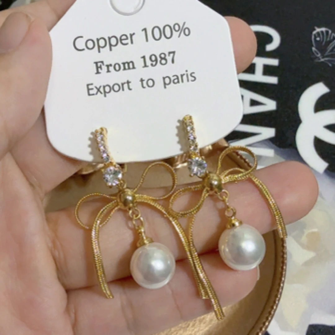 非金属仿珍珠耳饰 纯色简约蝴蝶耳环优雅仙女长款耳饰两戴珠宝