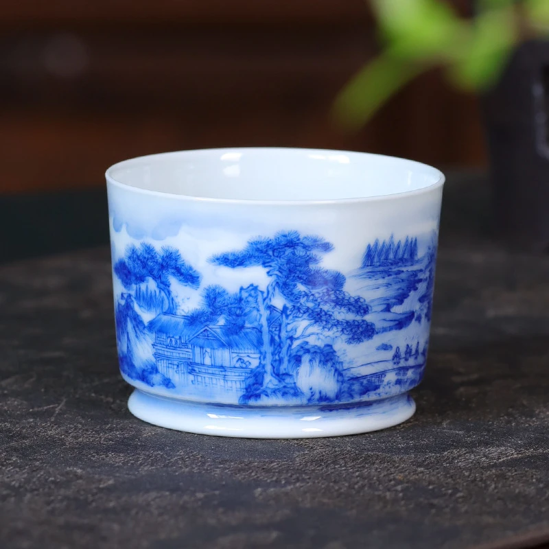 景德镇青花主人杯手绘寒山行旅图直筒杯陶瓷功夫中国风个人杯茶杯