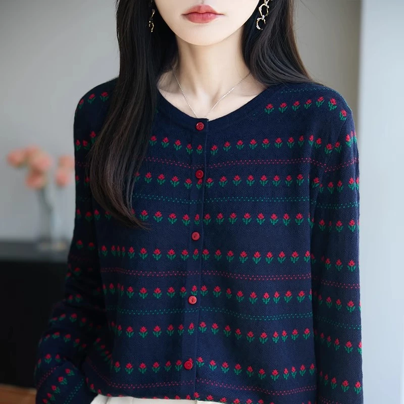 甜美花朵条纹针织衫开衫早秋薄款外搭毛衣上衣秋季小衫毛衫外套潮