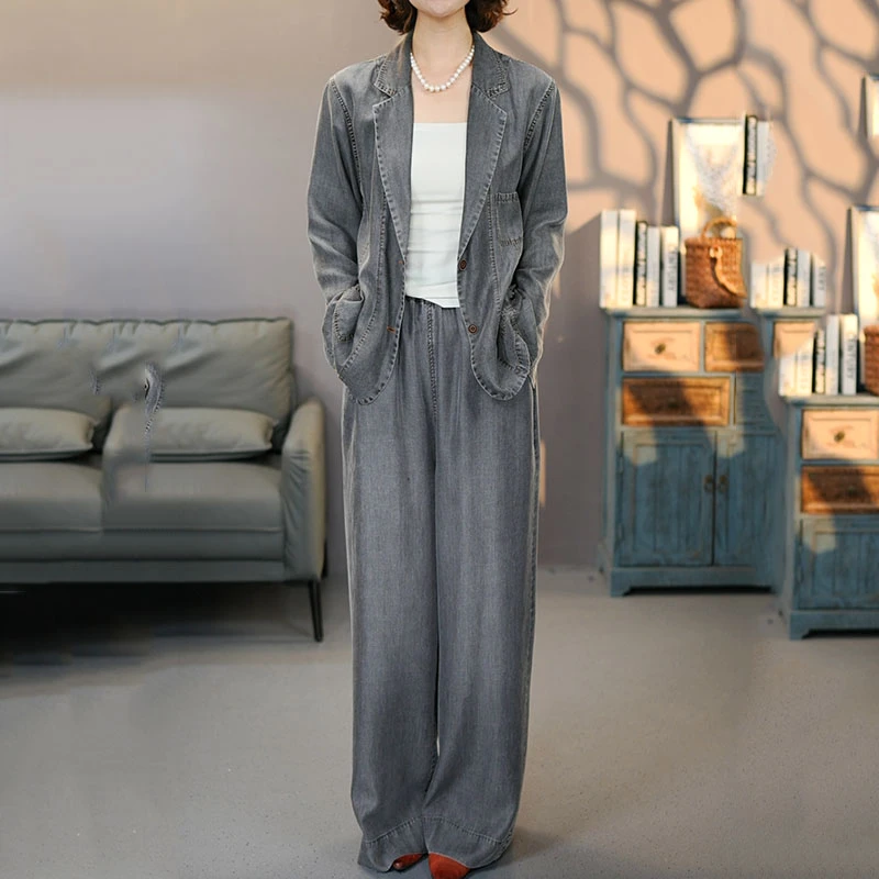 8816-6849套装2025夏季新款天丝外套西装裤子百搭上衣拖地裤