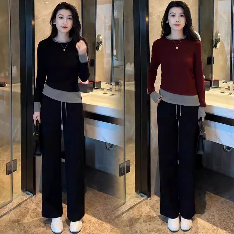 休闲运动套装女2025春季新款洋气显瘦假两件长袖T恤阔腿裤两件套