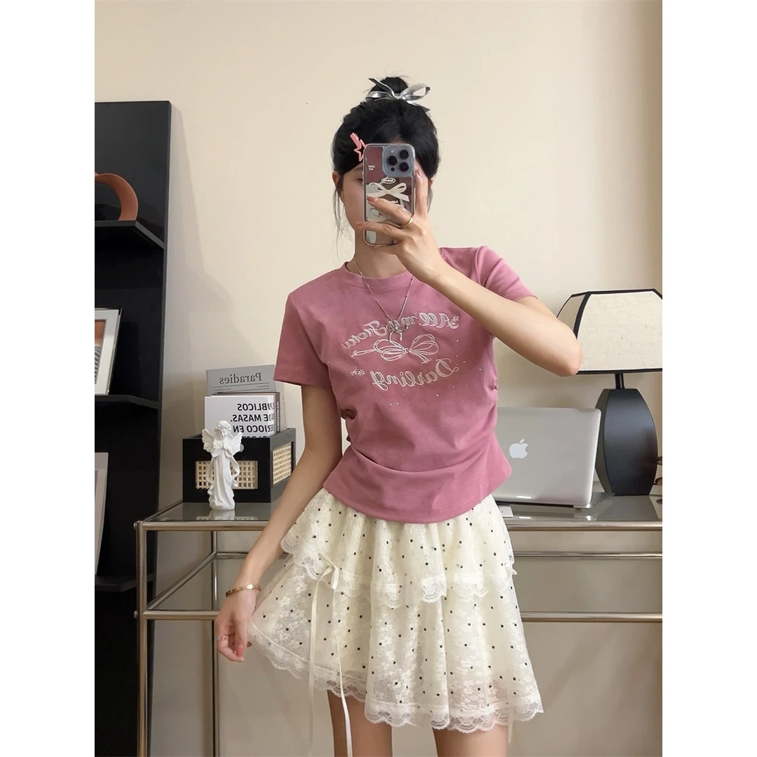 【大码】 8259设计感字母短袖印花女ins甜酷风蝴蝶结正肩t恤上衣