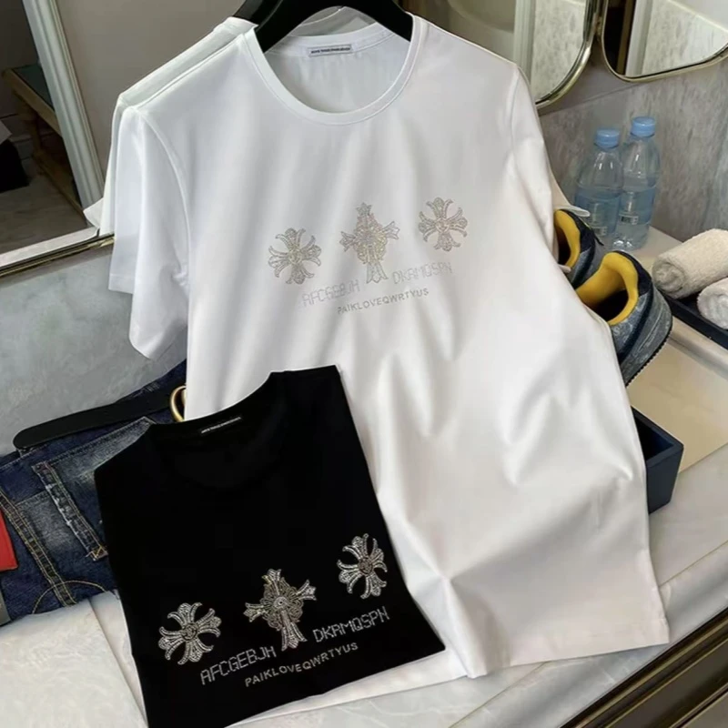 K50-2欧洲站印花短袖T恤男十字印花圆领高端潮牌休闲百搭轻奢