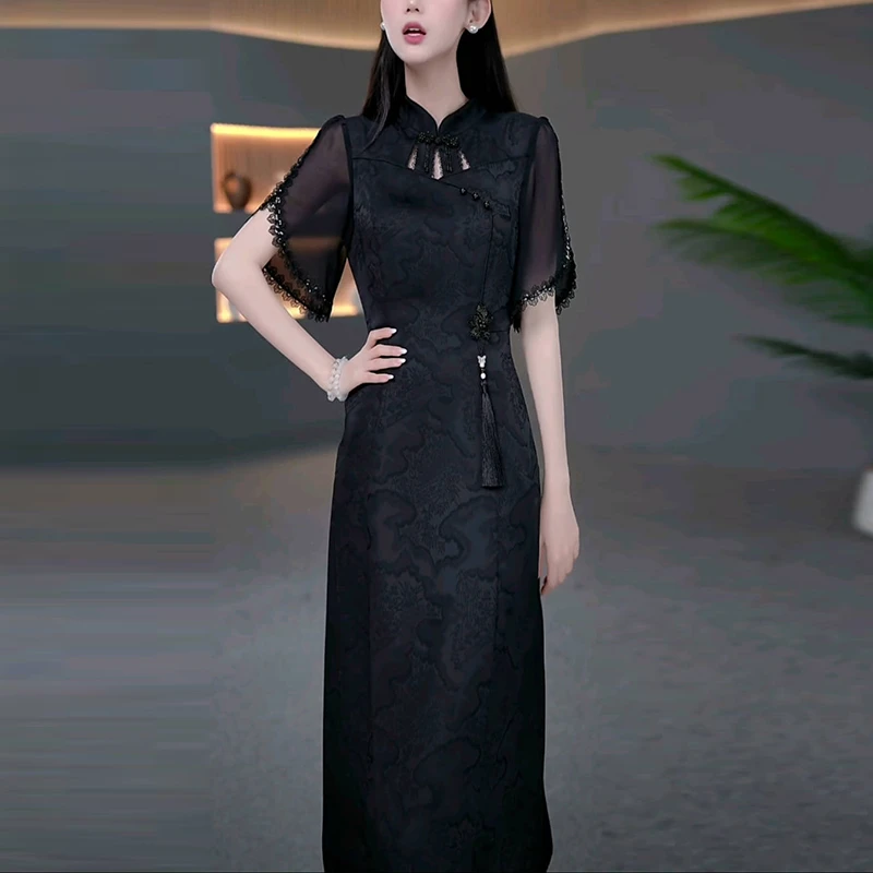 中国风提花短袖连衣裙女士夏季2025新款时尚洋气收腰显瘦黑色裙子