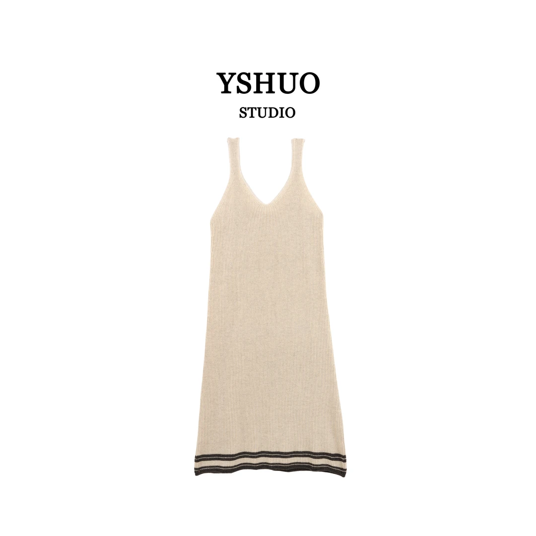 YSHUO【红红推荐】秋冬百搭宽肩带V领吊带长款针织拼边长裙 592113