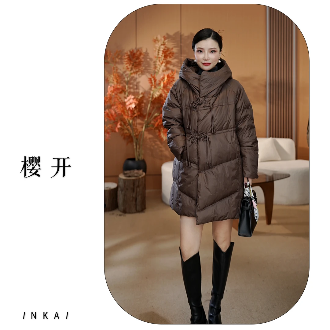 樱开（D52）新款连帽简约加厚中长款羽绒服白鸭绒时尚气质显瘦女士