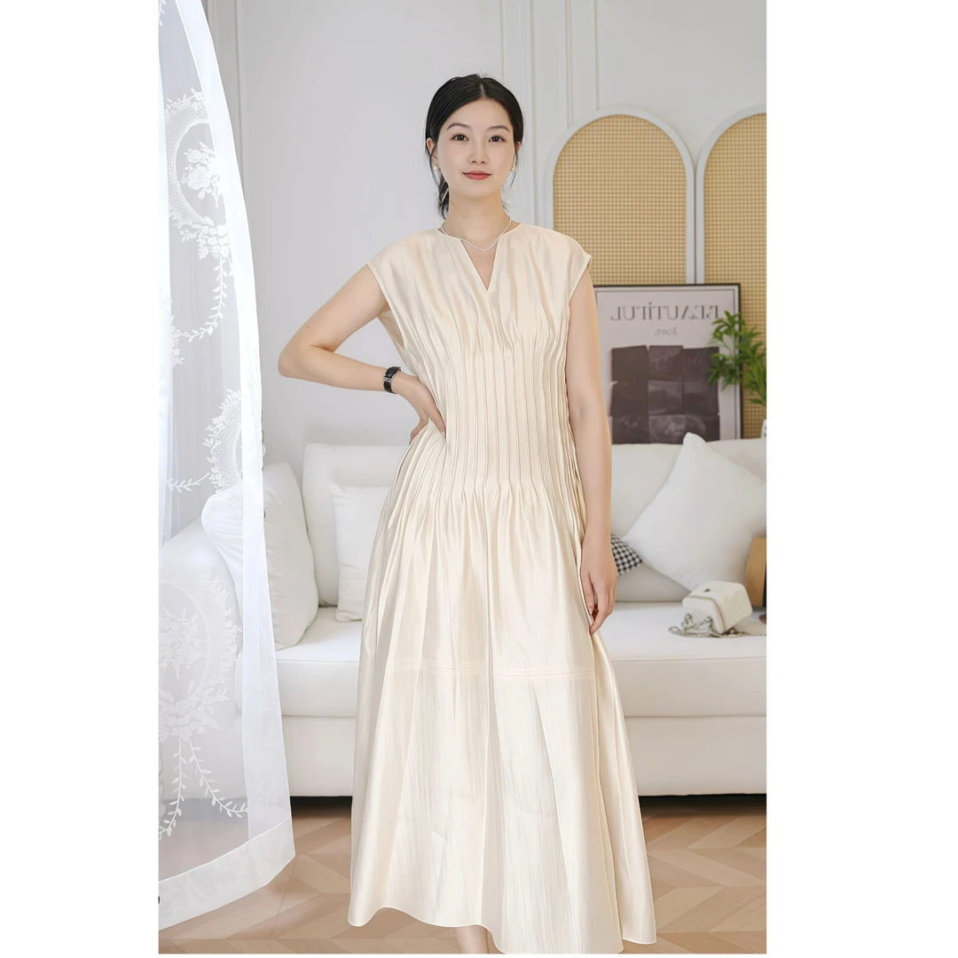 中长裙高弹力夏季飞飞袖连衣裙常规通勤修身米杏色连衣裙JL479