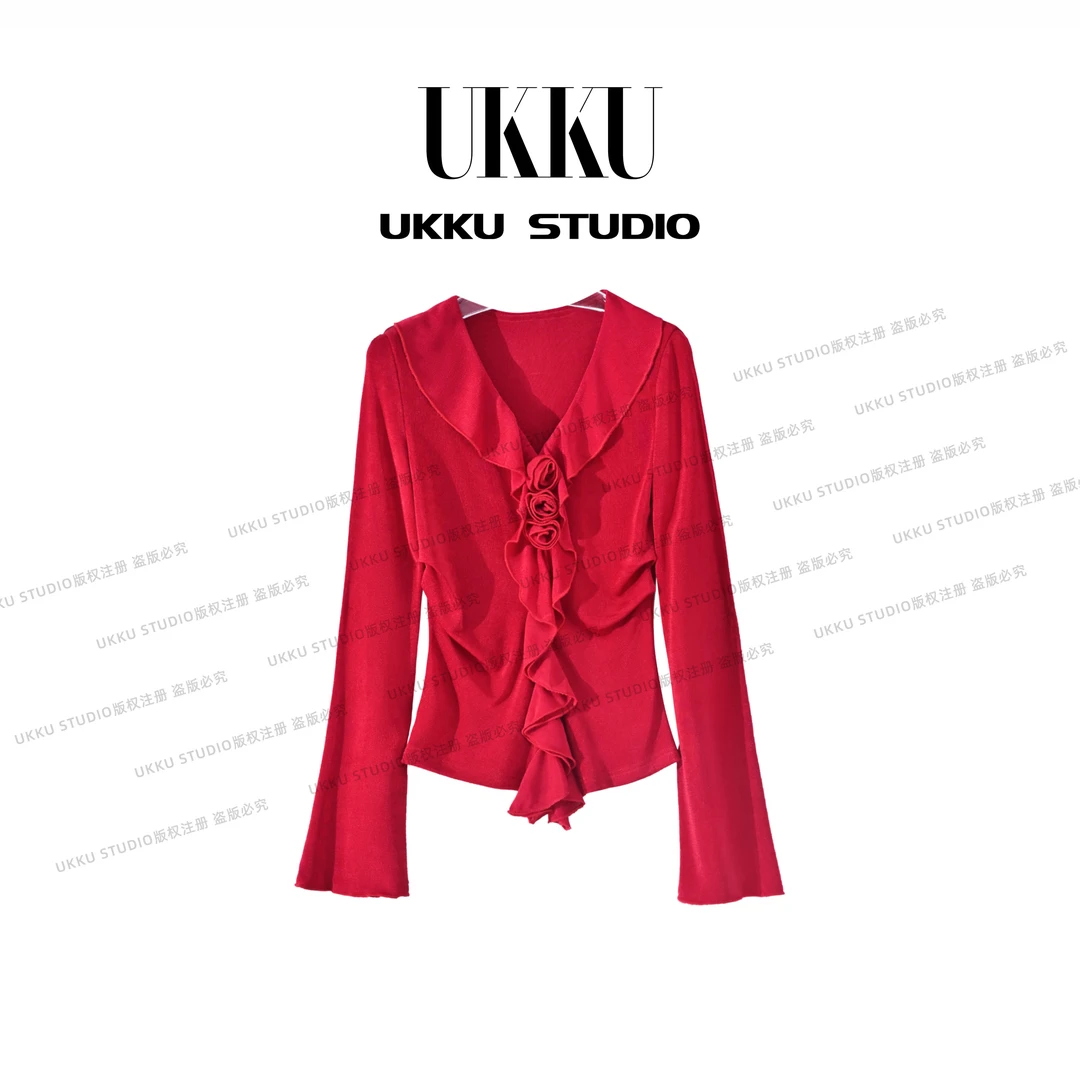 香【UKKUSTUDIO】V领韩系显瘦长袖针织衫荷叶边红玫瑰衬衫914723