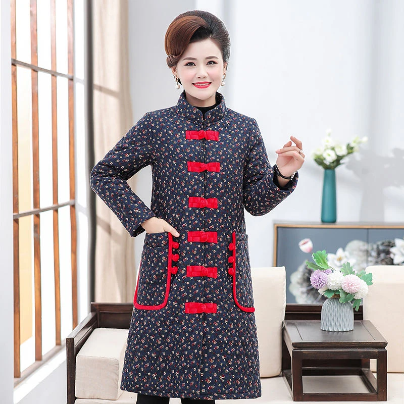 833#立领长款民族风花色轻职风中老年女装冬装中老年女装棉衣