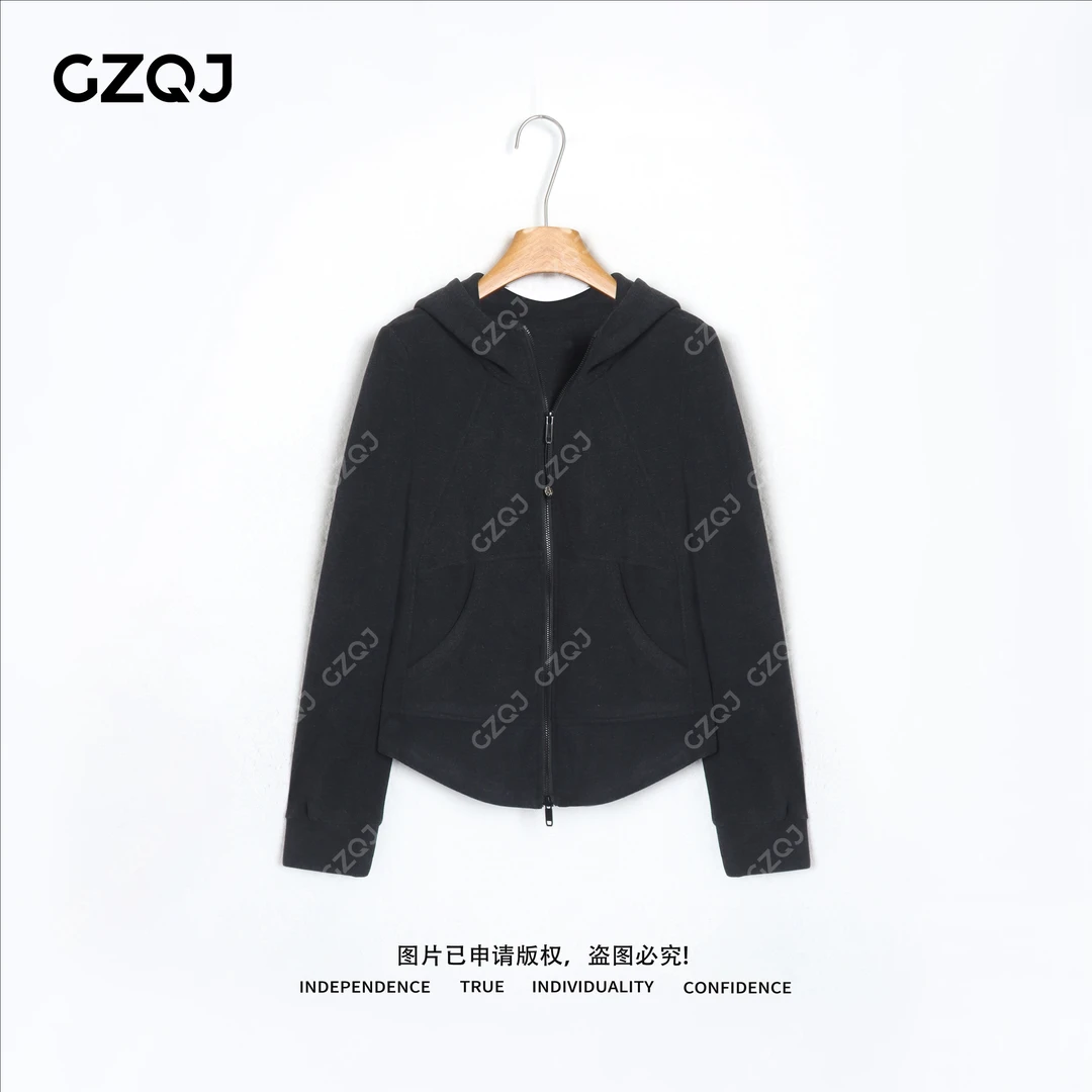 老琴私服【雾灰漫游】时尚休闲百搭德绒连帽拉链外套女冬新款70101