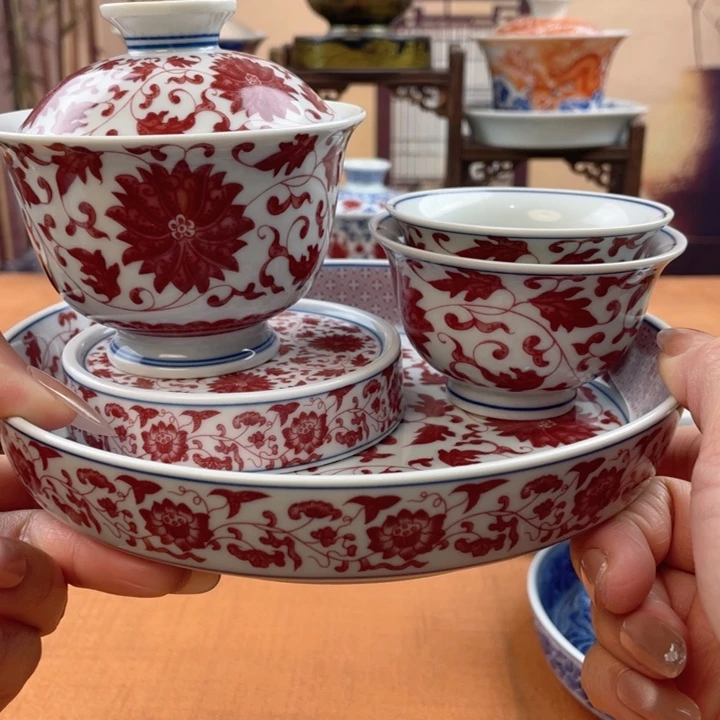 摆件陶釉里红缠枝莲五件套