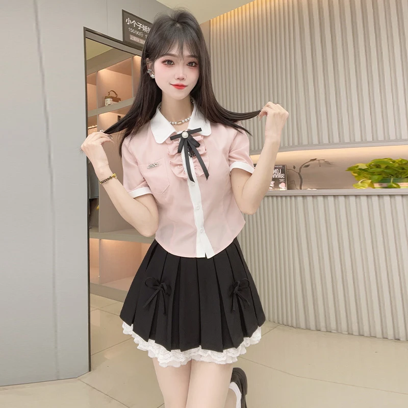 夏季学院风jk制服粉色短袖衬衫女木耳边蝴蝶结韩版设计感小众上衣