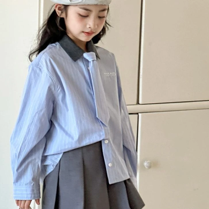 女童衬衫2025秋季新款学院风儿童纯棉条纹衬衣秋装女大童洋气上衣