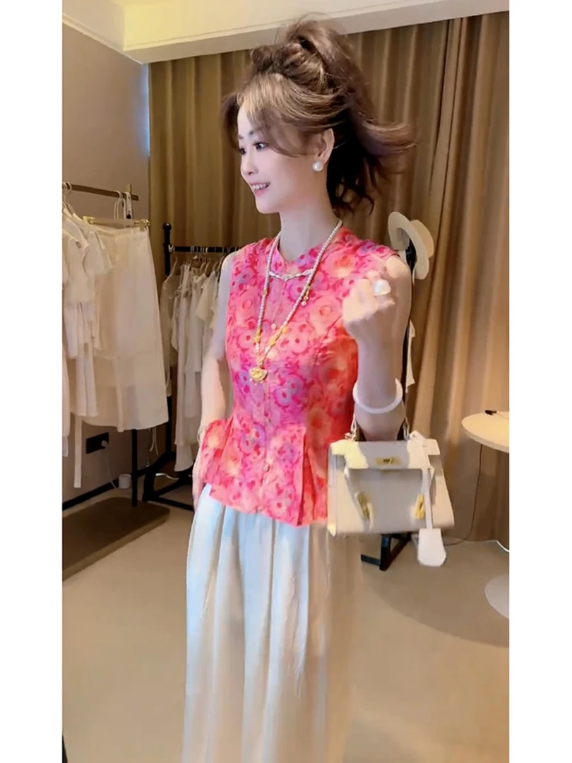 夏季清冷贵气感穿搭轻奢高级感超火新中式禅意国风提花马甲套装裤