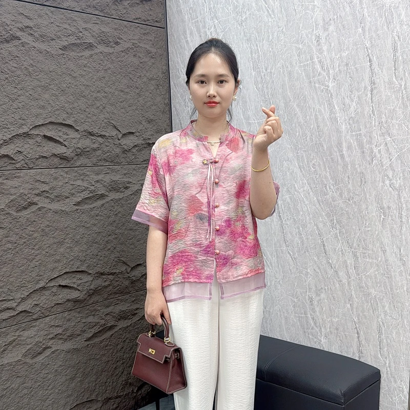 中老年妈妈夏季衬衫国风纽扣中式宽松夏装时尚洋气减龄短袖上衣
