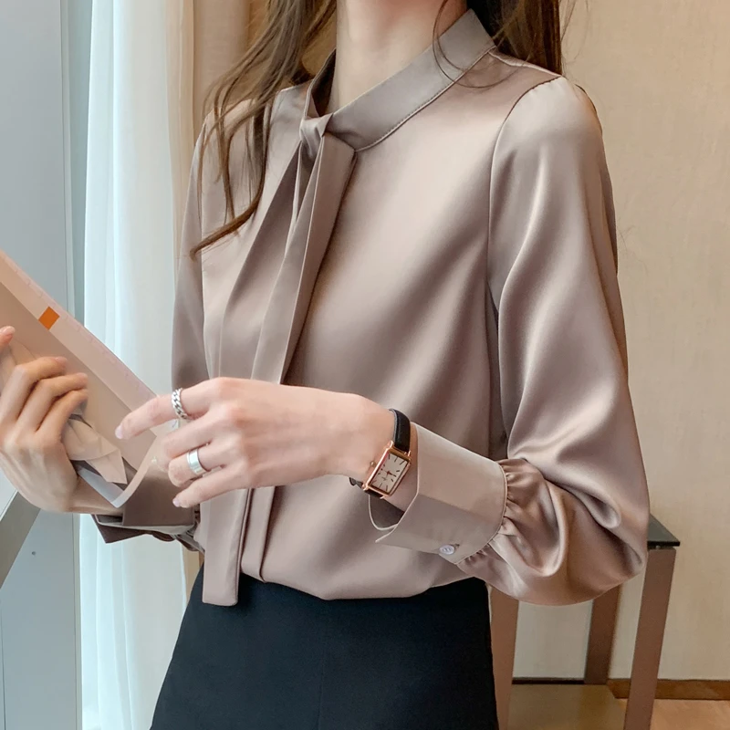 衬衣女装西装内搭春秋季职业气质通勤时尚飘带显瘦缎面长袖衬衫女