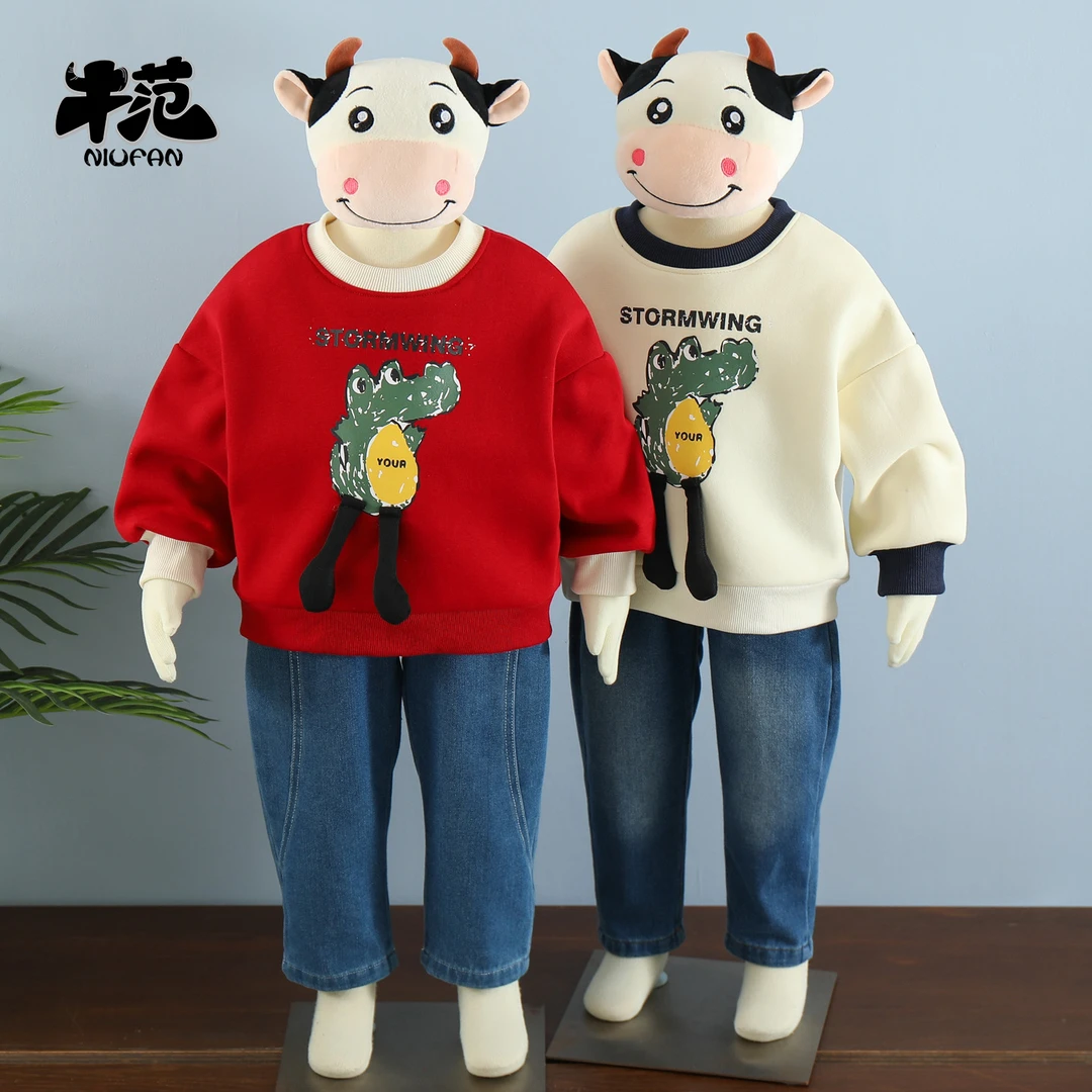 牛范童装儿童加绒卫衣卡通一体绒秋冬季新款洋气上衣外穿加厚男童