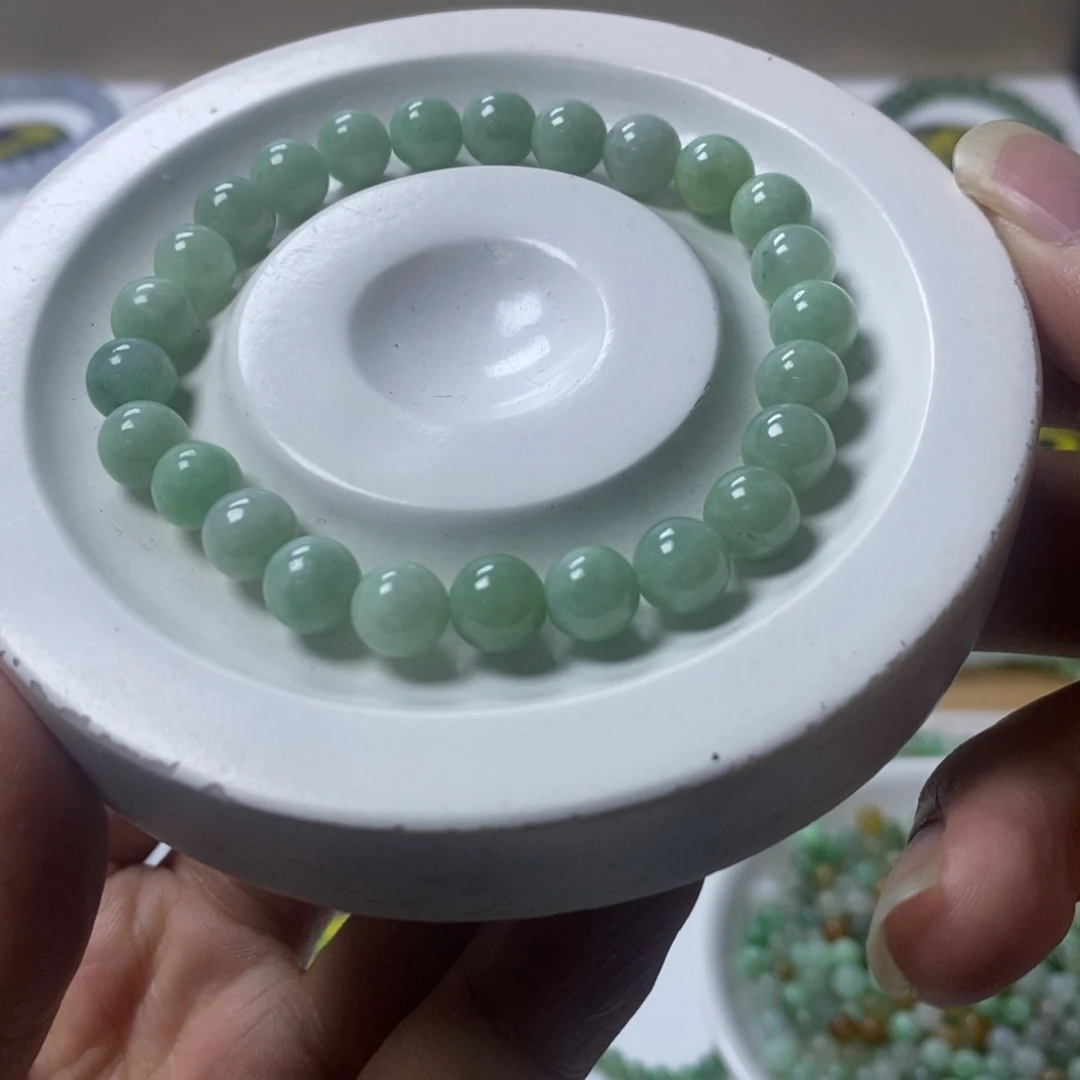翡翠未镶嵌手链满绿圆珠卡7.4