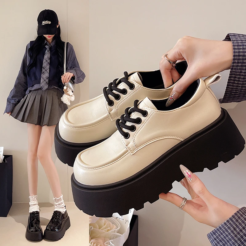 小白鞋系带小皮鞋女2025年春秋季新款英伦风百搭单鞋子松糕厚底