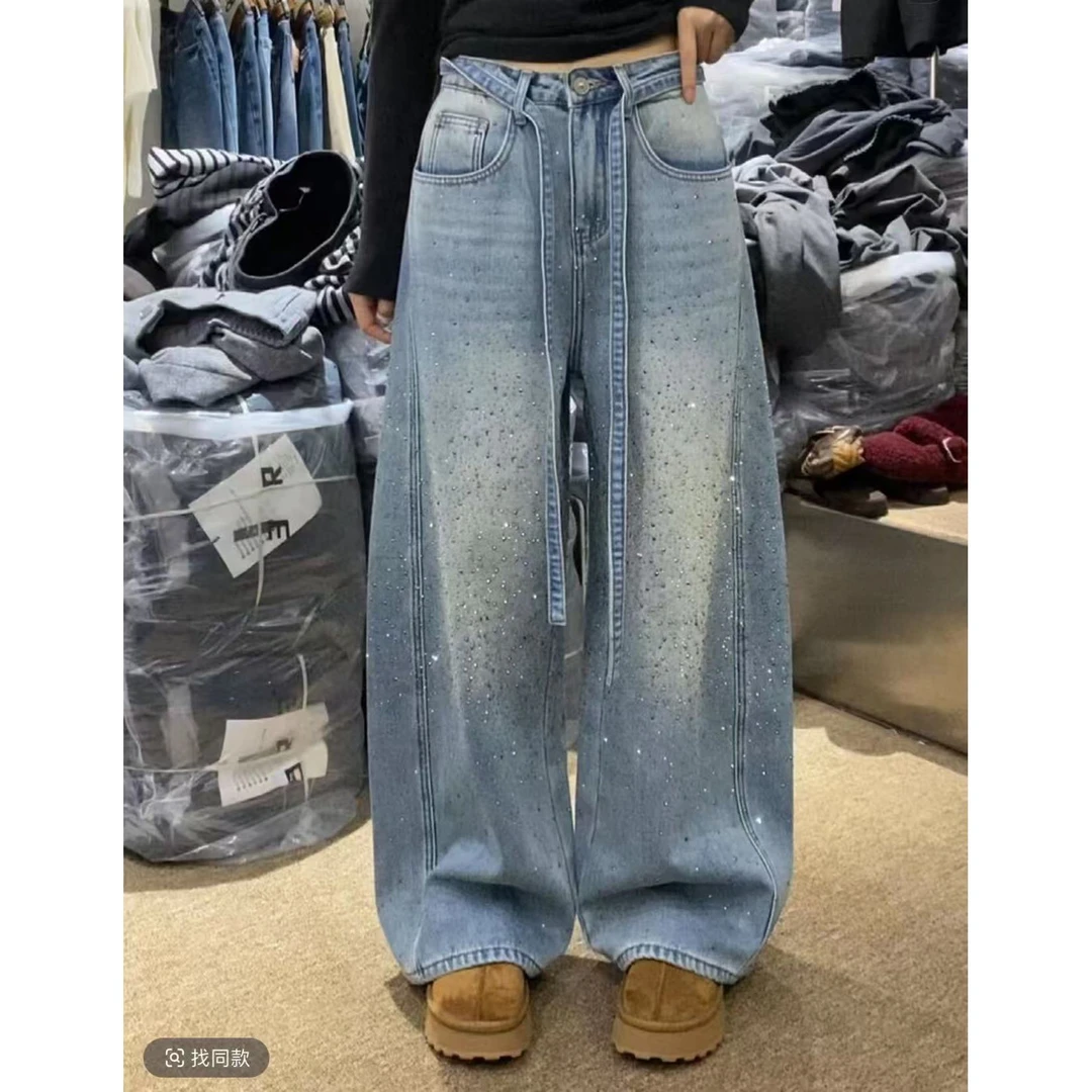 顺子专属新款潮流烫钻设计感牛仔裤梨形身材显瘦高腰阔腿裤33877