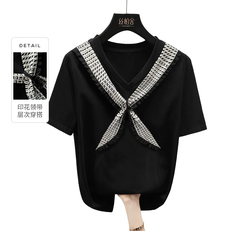 丝柏舍2025夏季新款女装套头V领短袖简约领带拼接T恤S22R1569TS