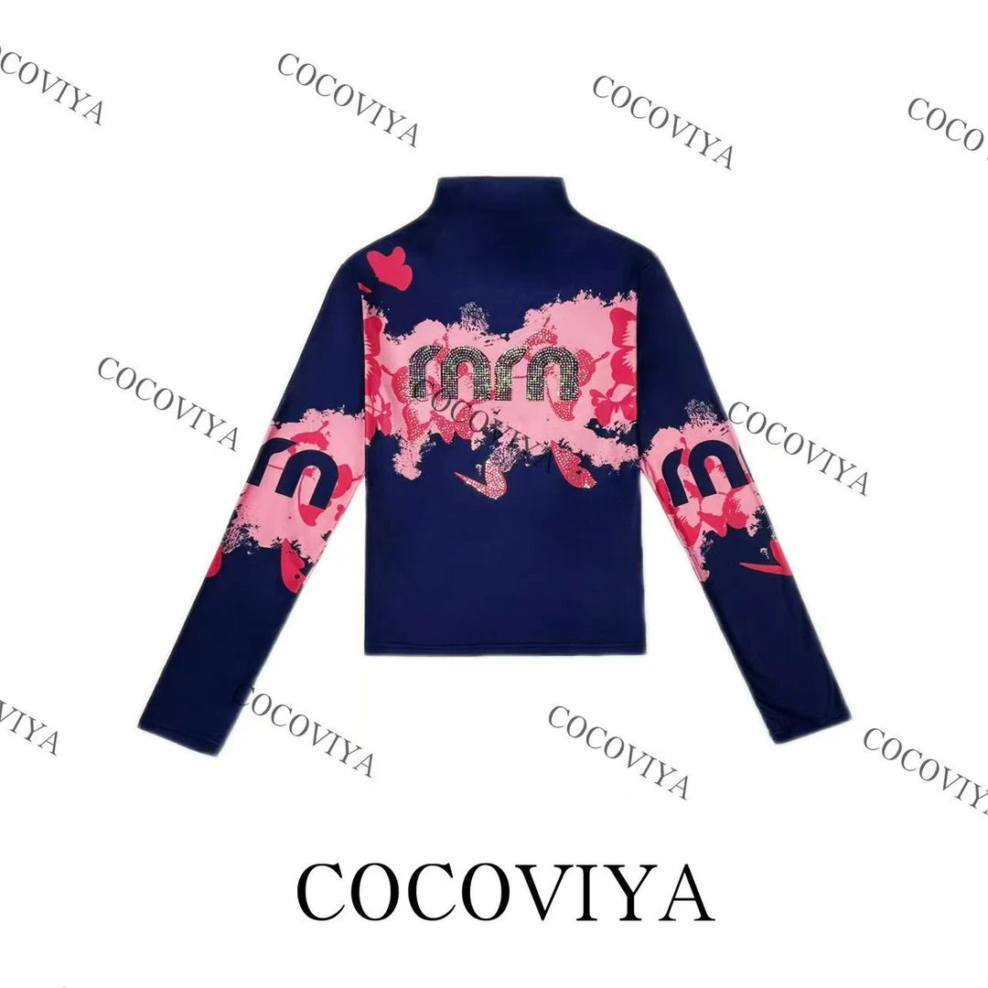 【CC】COCOVIYA蝶影粉墨涂鸦字母德绒长袖T恤时尚内搭上衣26C-1004