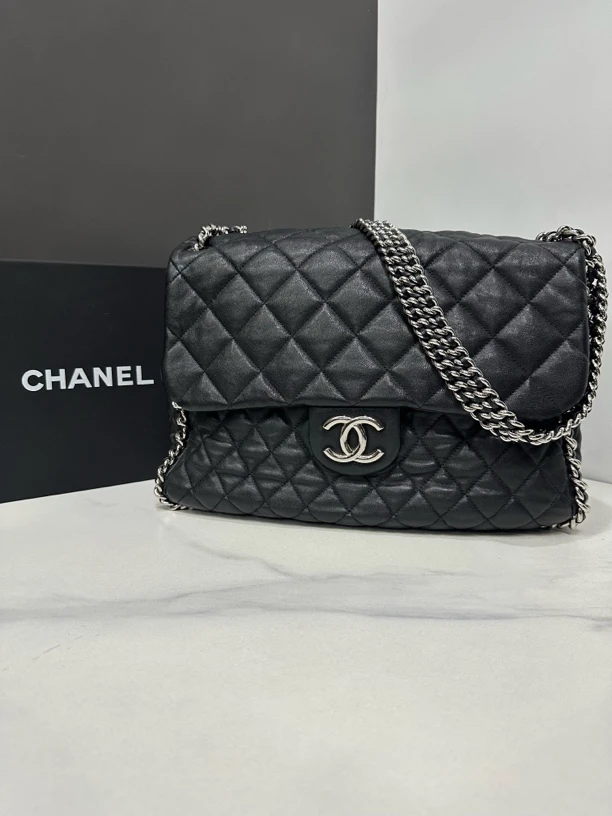 95新 Chanel/香奈儿 黑银滚边机场包15开33cm/JJ5021010