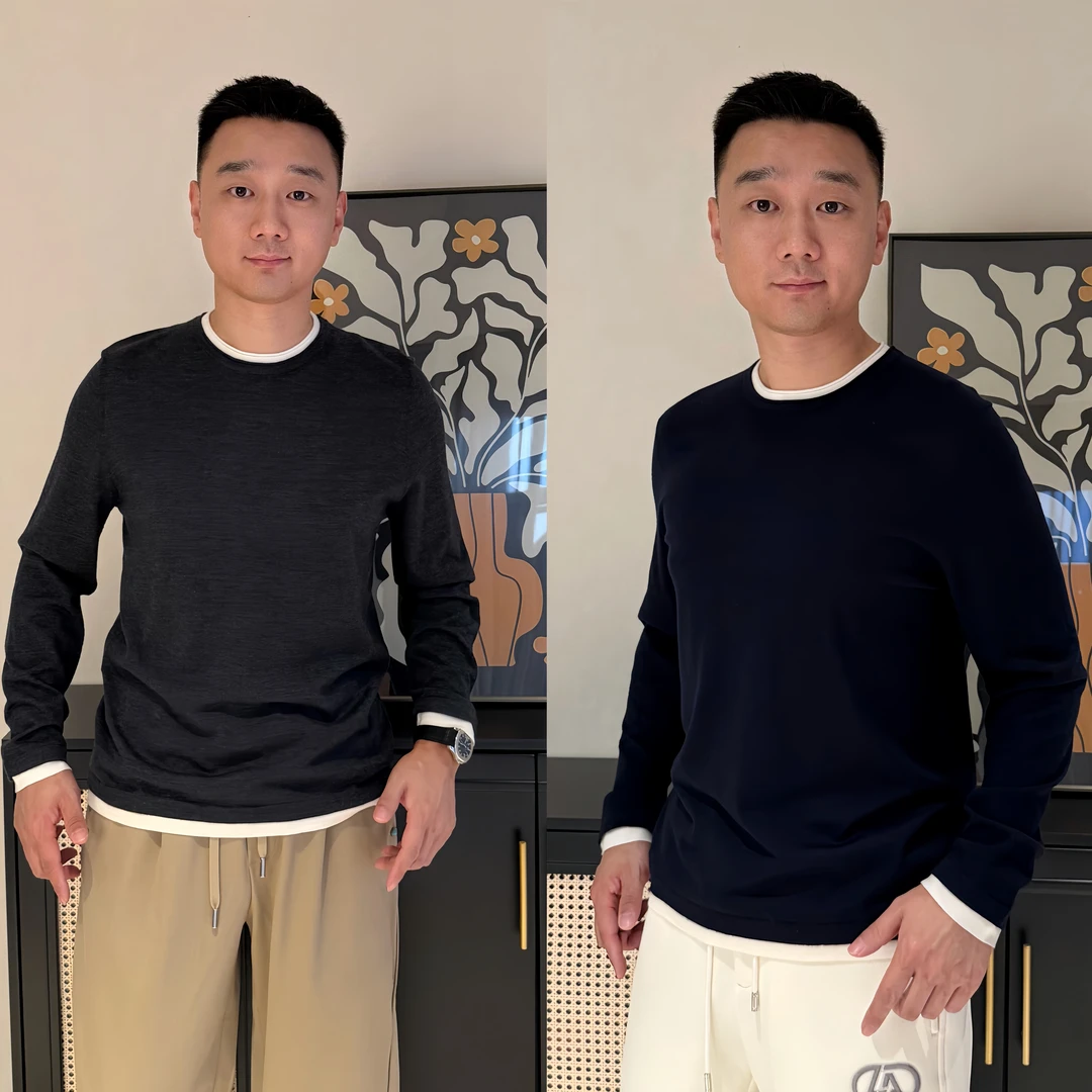 《国际行》2025秋男士简约纯色圆领百搭打底薄款假两件羊毛衫