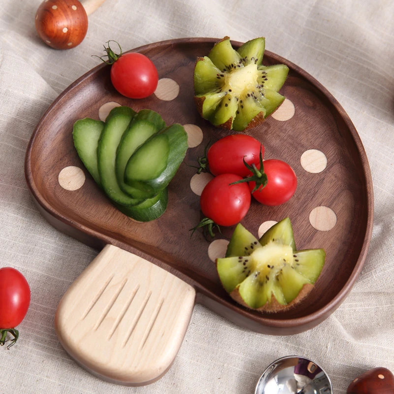 【少女心爆棚】自然之风北美黑胡桃木蘑菇餐盘卡通盘子实木镶嵌菜盘