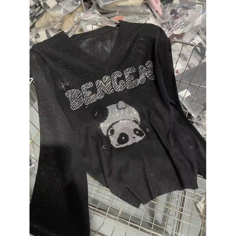 【AA1644黑色熊猫长袖】毛衣上衣毛线衫女秋冬外搭慵懒风毛衣