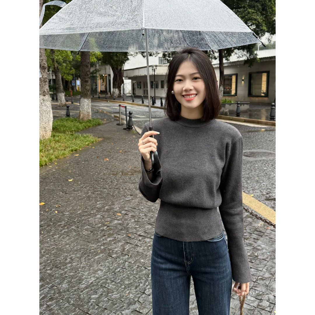 灰色半高领喇叭袖针织衫女秋冬新款内搭修身内搭套头毛衣长袖上衣